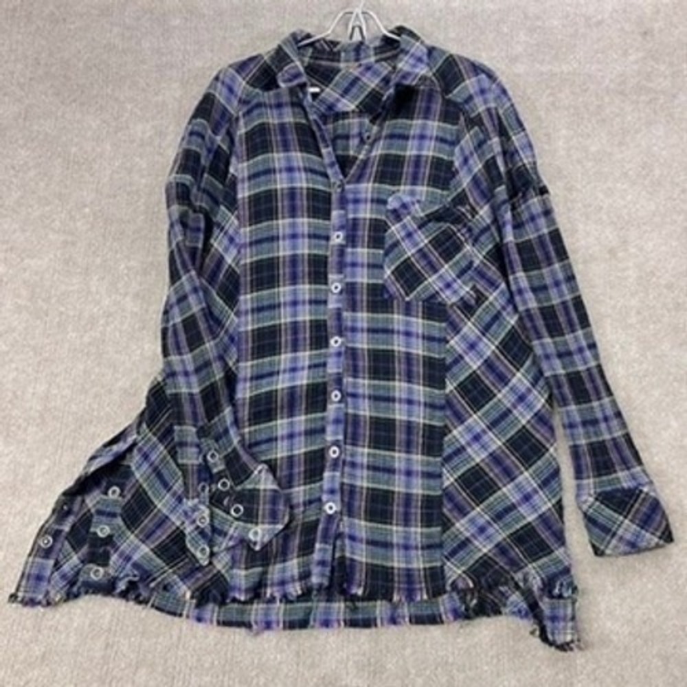 Free People Blue and Purple Plaid Button Down Shirt